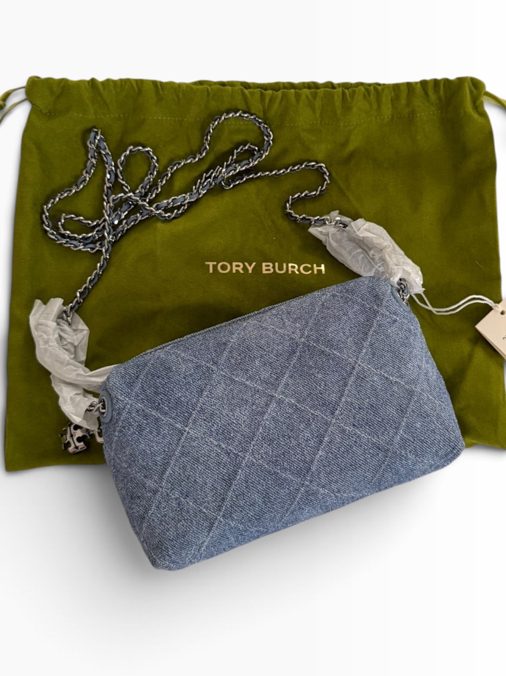 Tory Burch Quilted Denim Crossbody in Light Blue with Silver Chain